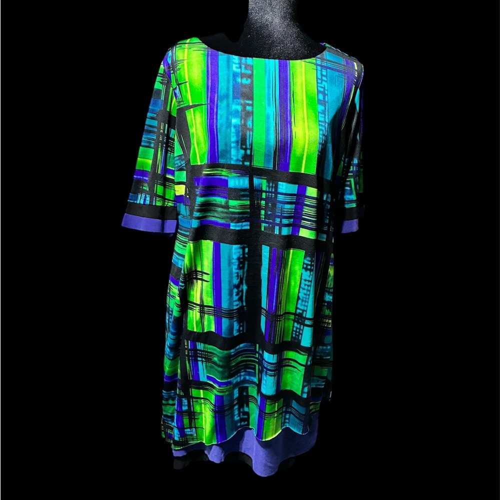 💚🖤Vibrant Multicolor Striped Dress – K Studio Collection, Vintage, Size L! 💚🖤